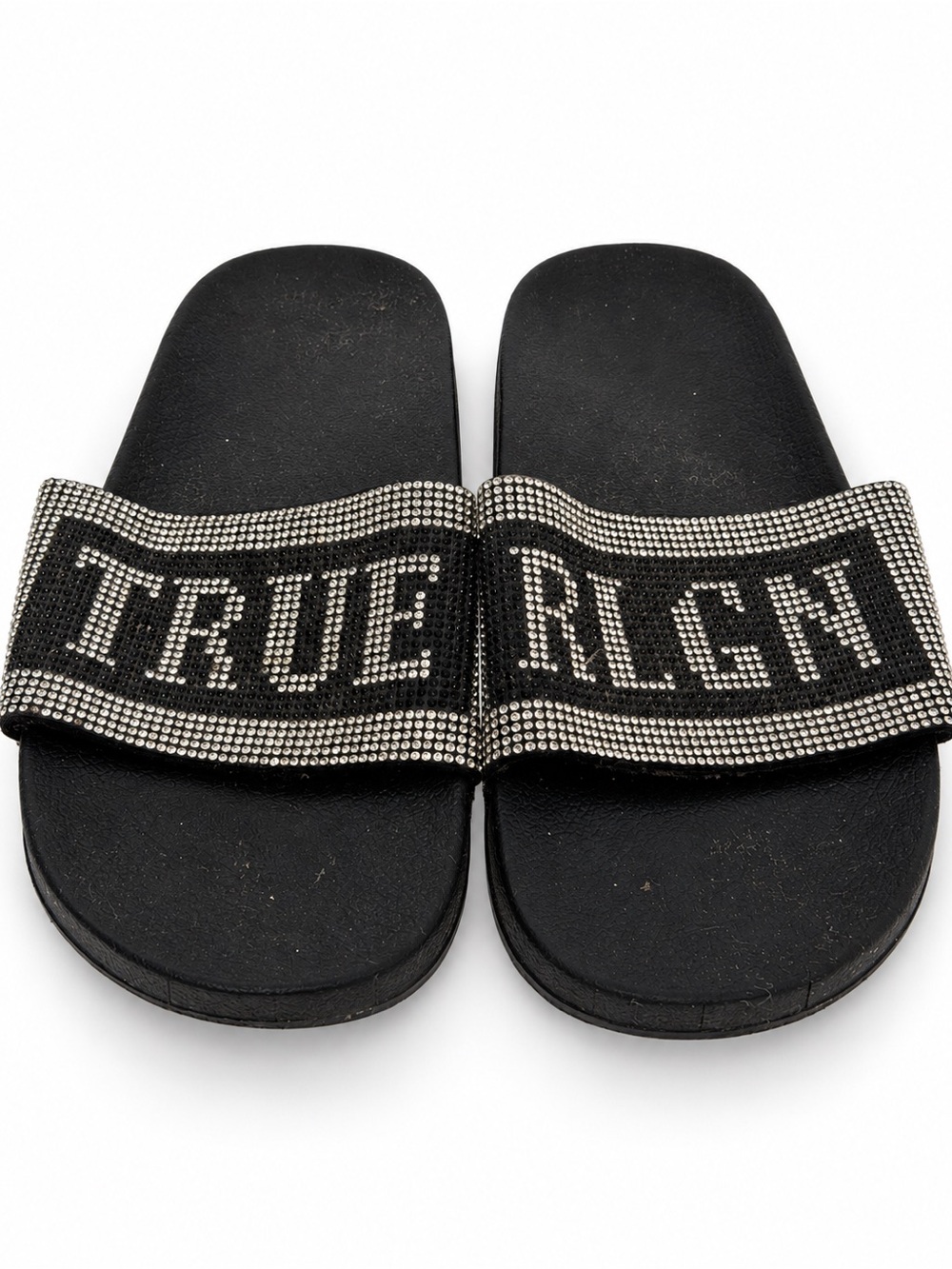 True Religion Jasmin Rhinestone Logo Black Slide Sandals Women’s Size 7